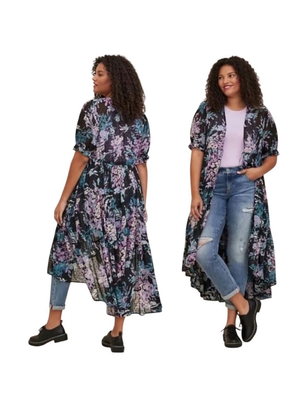 Torrid Floral High-Low Duster  - Black with Purple & Teal Floral